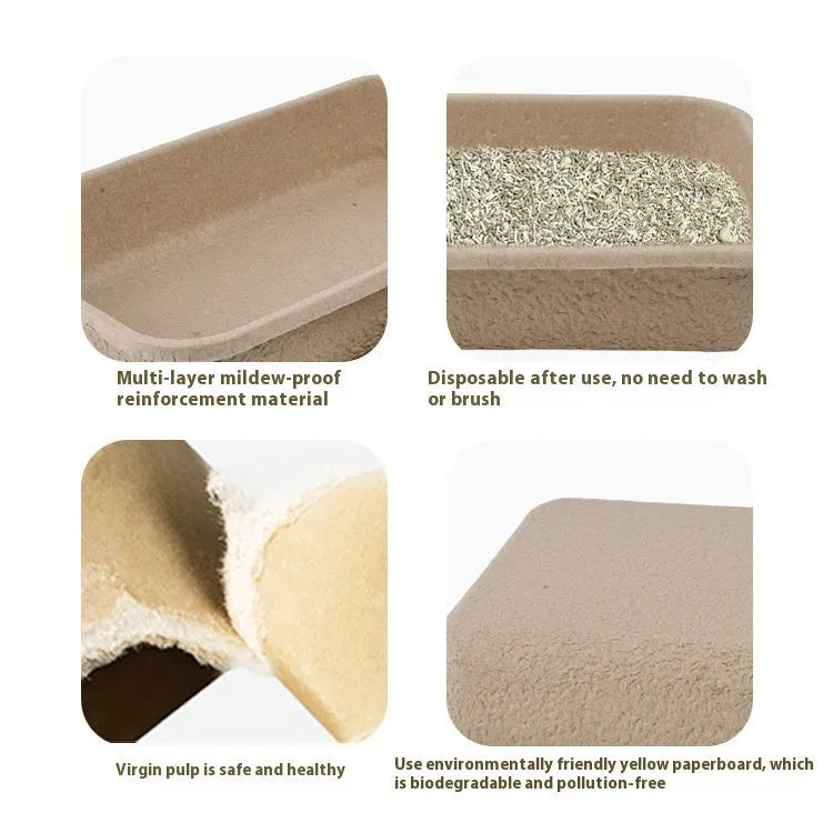Brown disposable waterproof cat litter box with low sides, shown in three different size options.