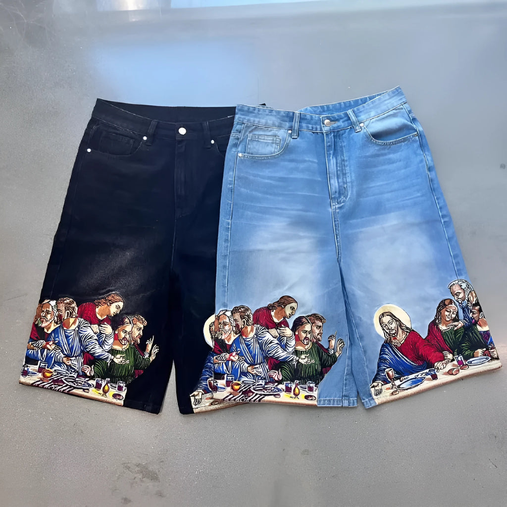 Men's blue cotton tapered shorts with Jesus print design on back pocket showing micro elasticity fabric