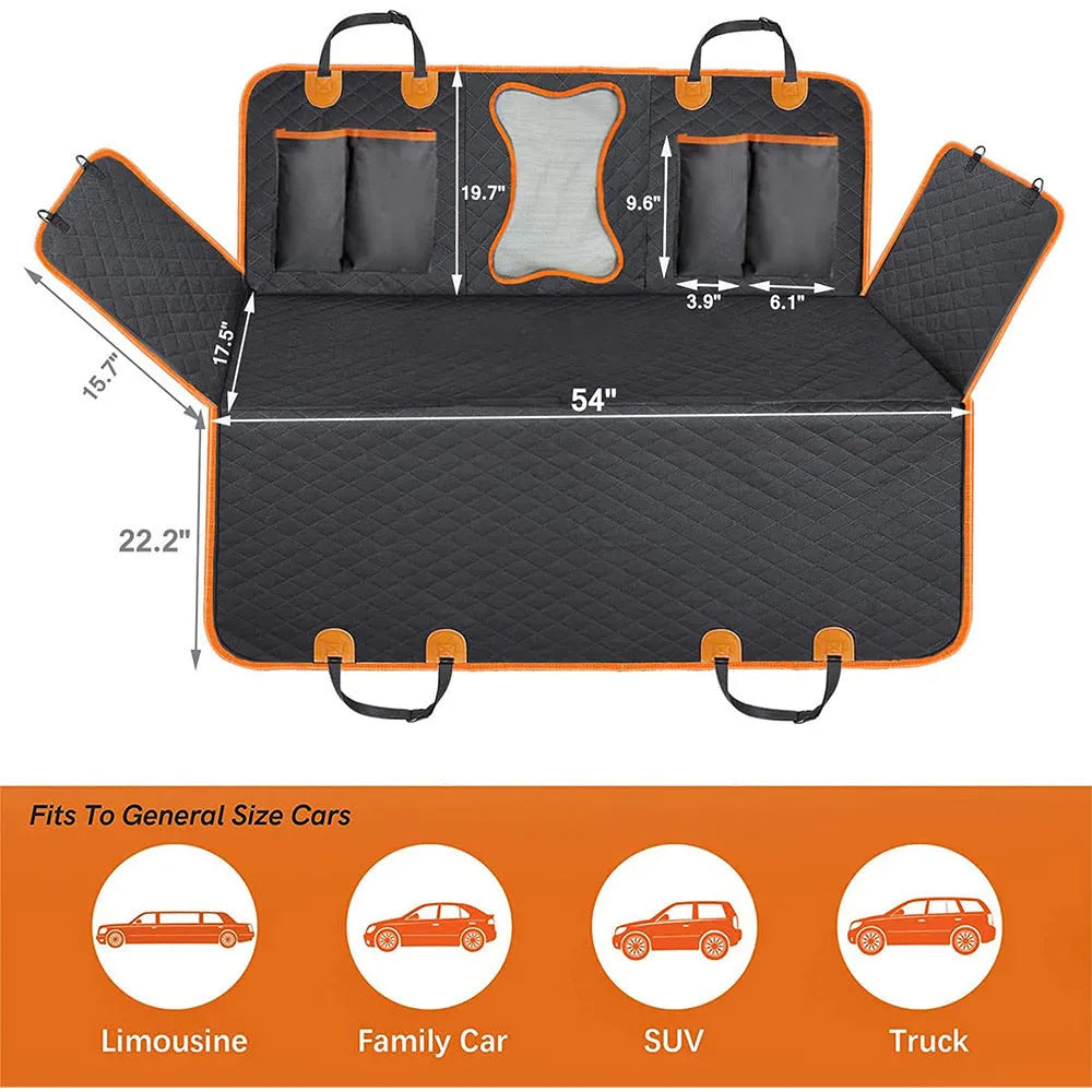 Black and orange edged waterproof pet car seat cover made from 600D Oxford cloth, shown on a car rear seat.