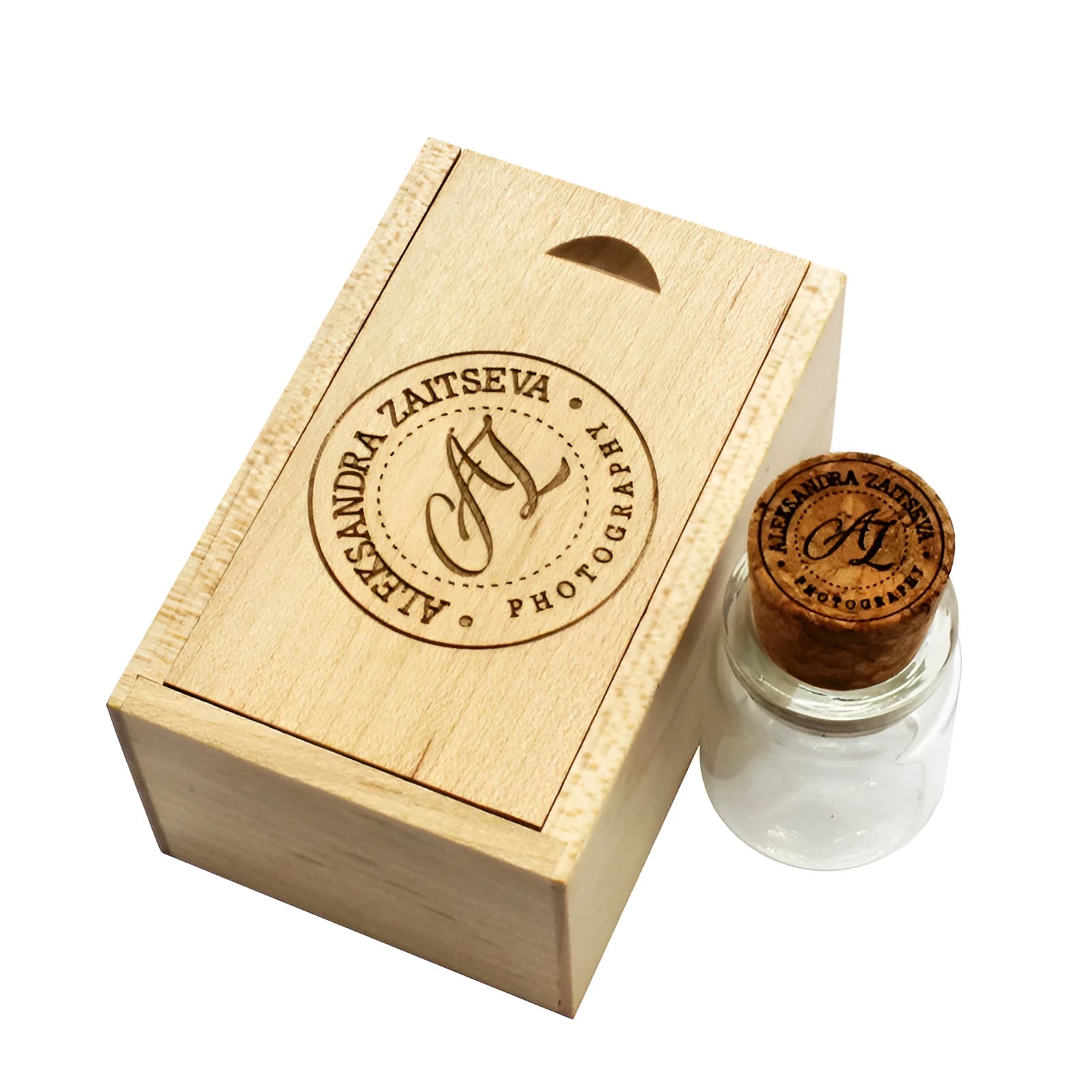 Chocolate brown wooden USB flash drive with drift bottle design showing custom engraving option