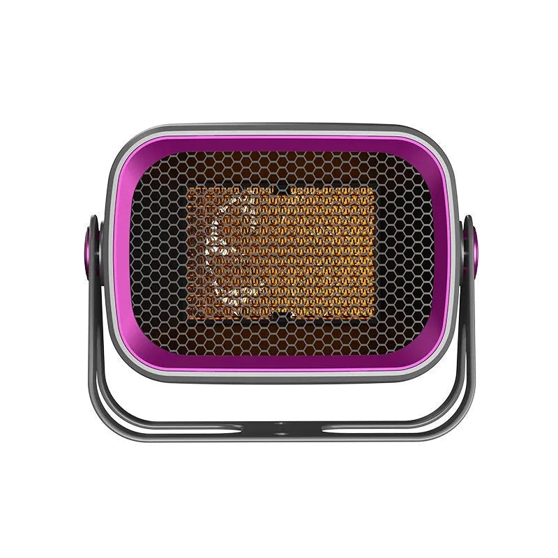 Compact white desktop ceramic heater with control buttons, shown on a wooden desk.