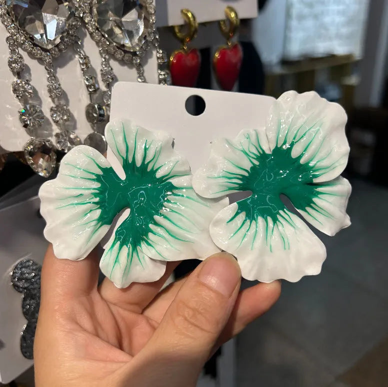Pastoral style alloy flower stud earrings with electroplated finish and oil-spot glaze texture