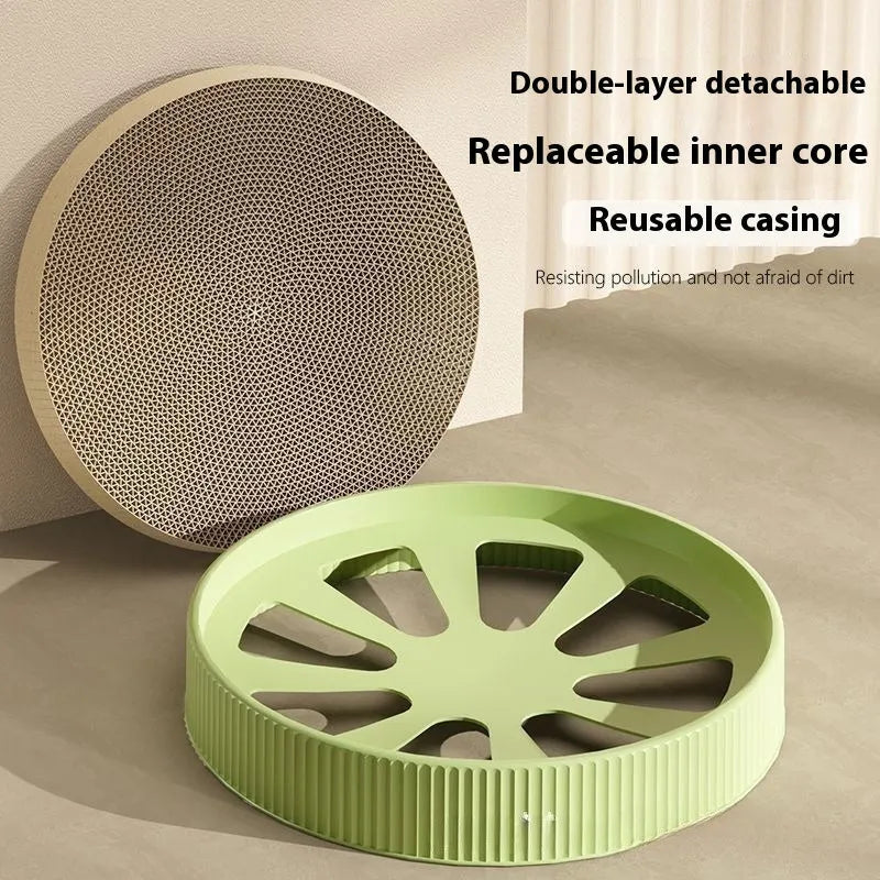 Green round cat scratching board with corrugated paper surface measuring 55 cm diameter