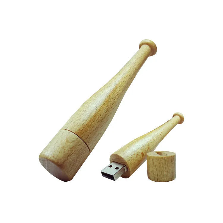 Baseball bat shaped USB flash drive with wood shell and USB connector showing storage design