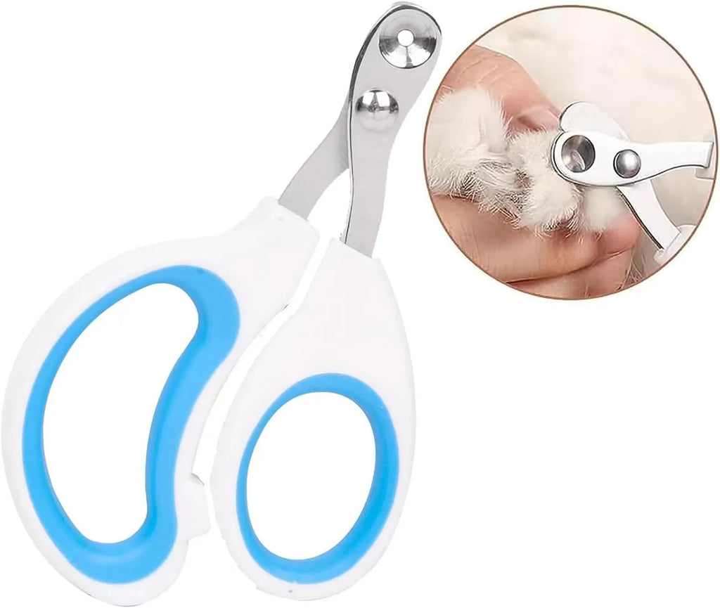 Blue cat nail clippers with circular hole and safety aperture for trimming pet nails