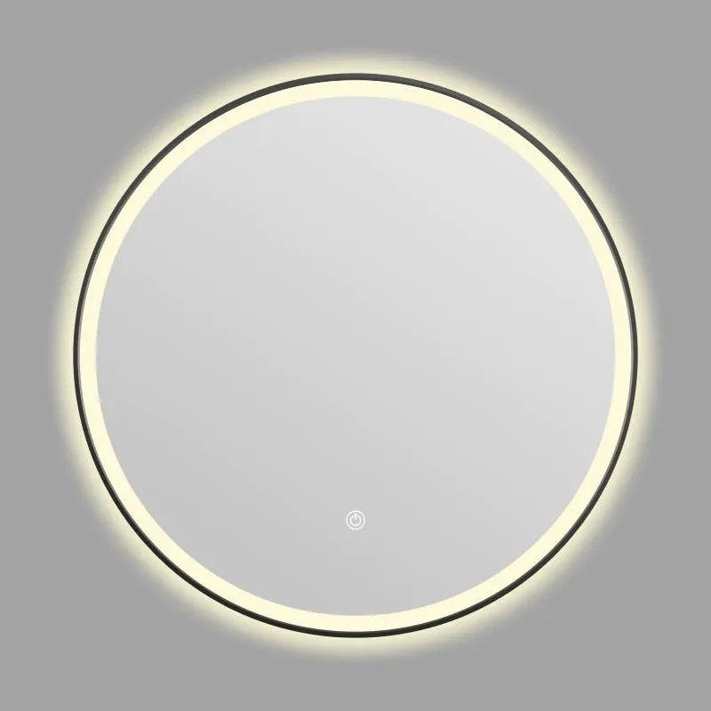 Round black aluminium frame smart LED bathroom mirror with touch dimming control on wall.