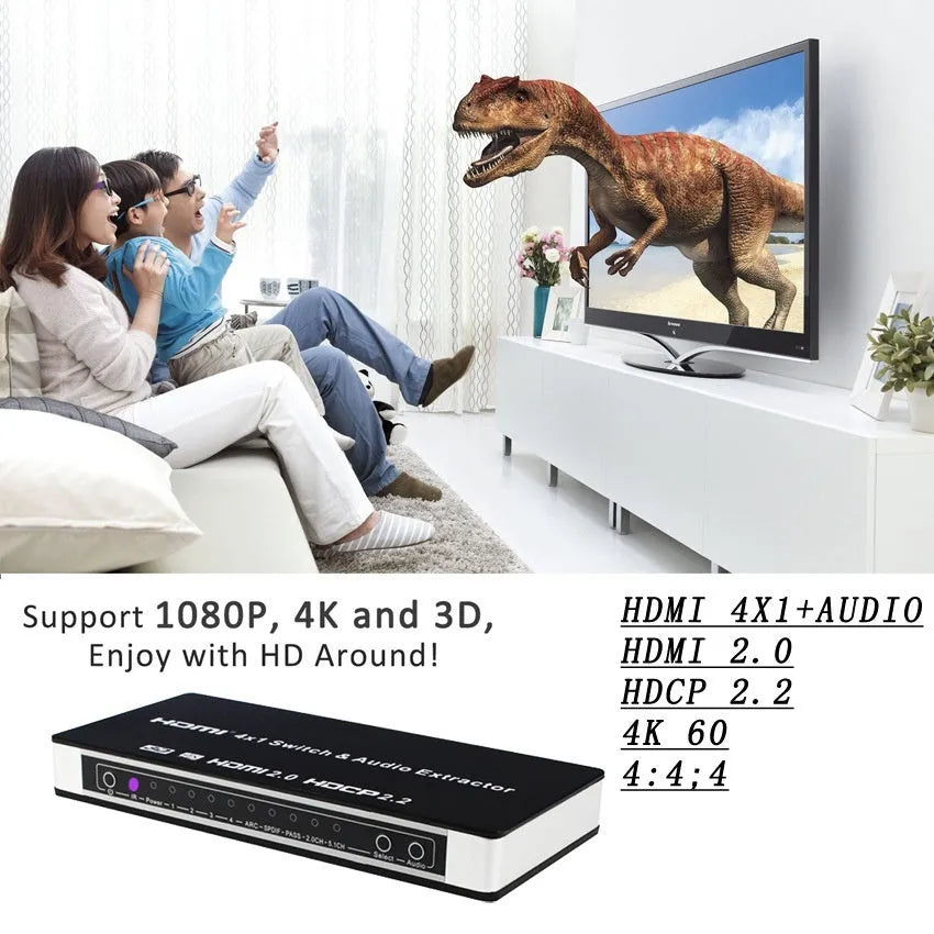 Black four input one output HDMI switch with remote control and power adapter