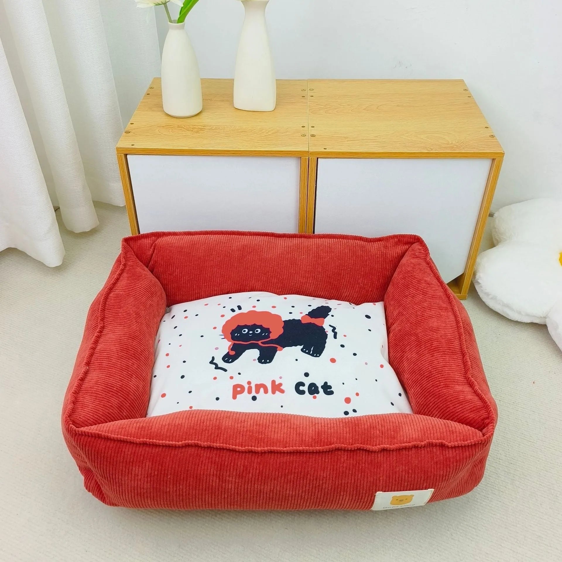 Light blue fine velvet pet nest for dogs and cats with PP cotton filling, shown in 50x40cm size.