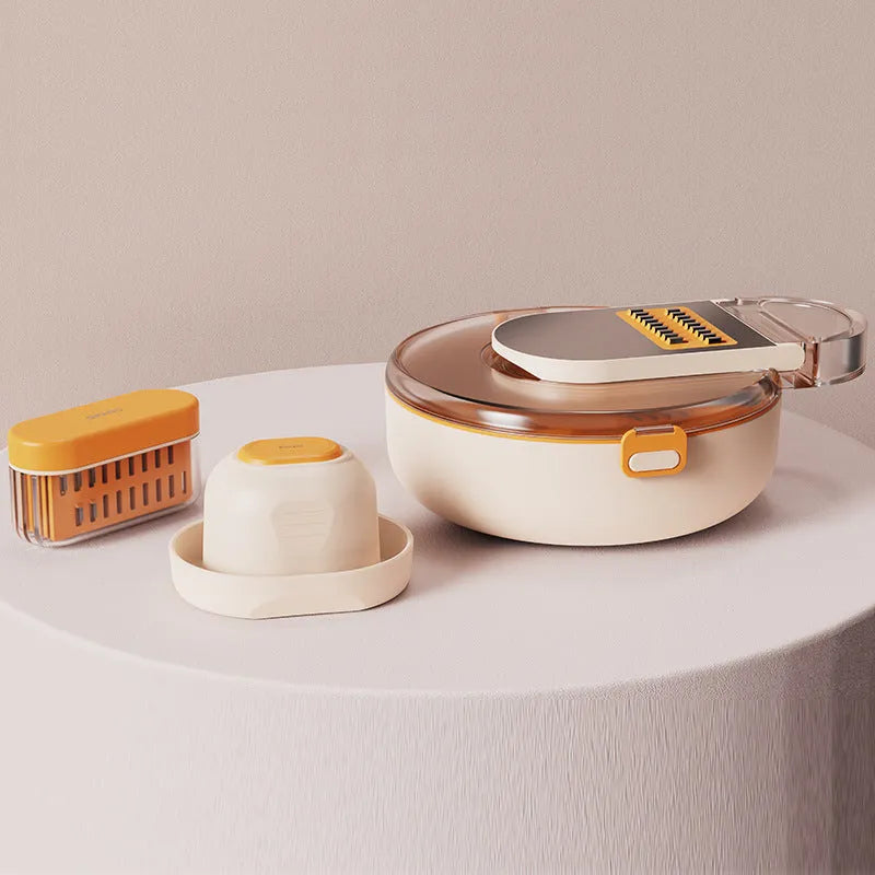 Grey and white multifunctional vegetable cutter set with eight stainless steel knives and accessories on a countertop.