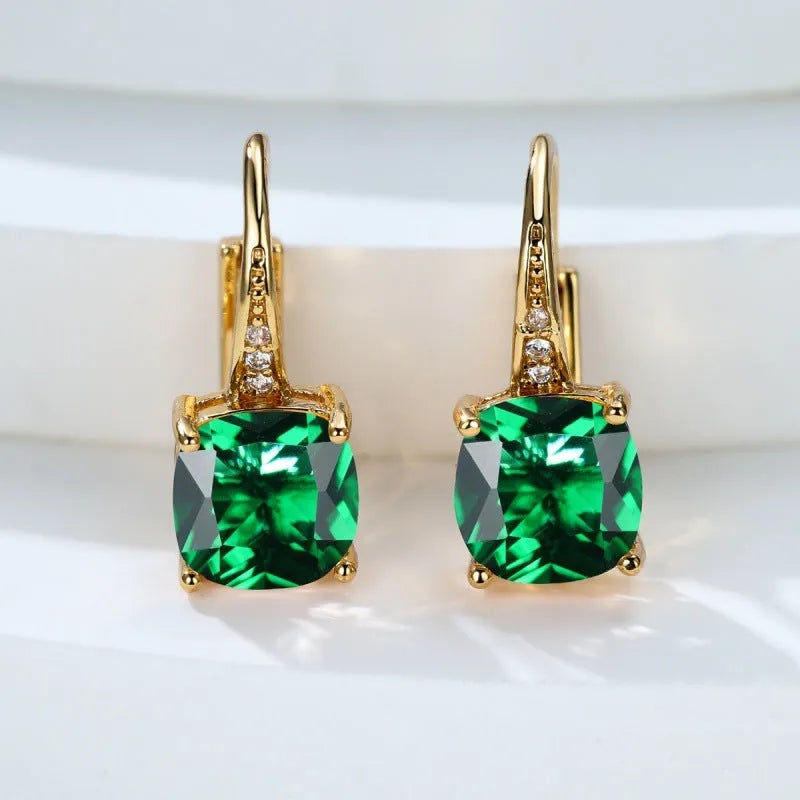 Square geometric ear clip earrings with colourful moissanite inlay on gold electroplated finish