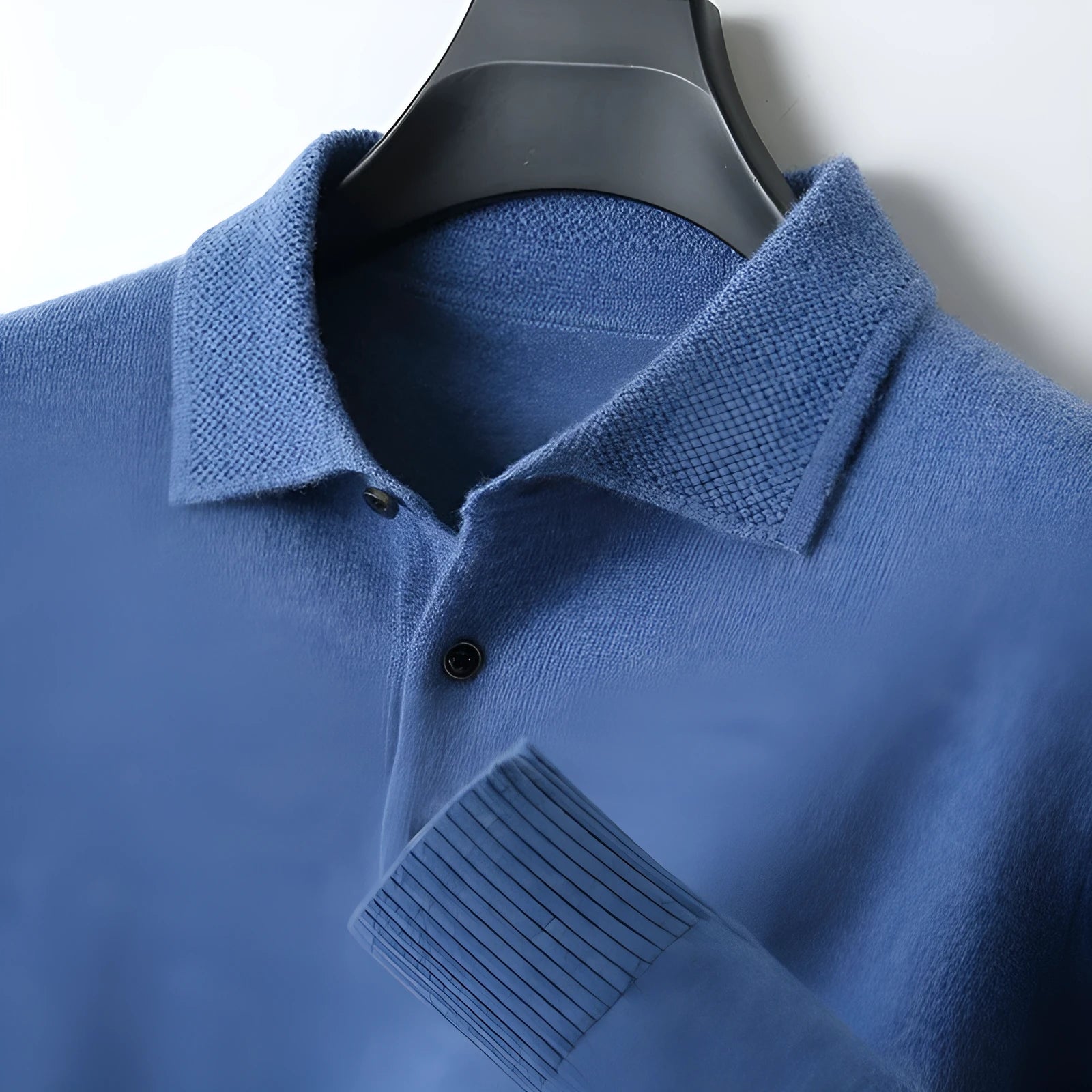 Men's wool pullover sweater with a polo collar in noble blue colour.