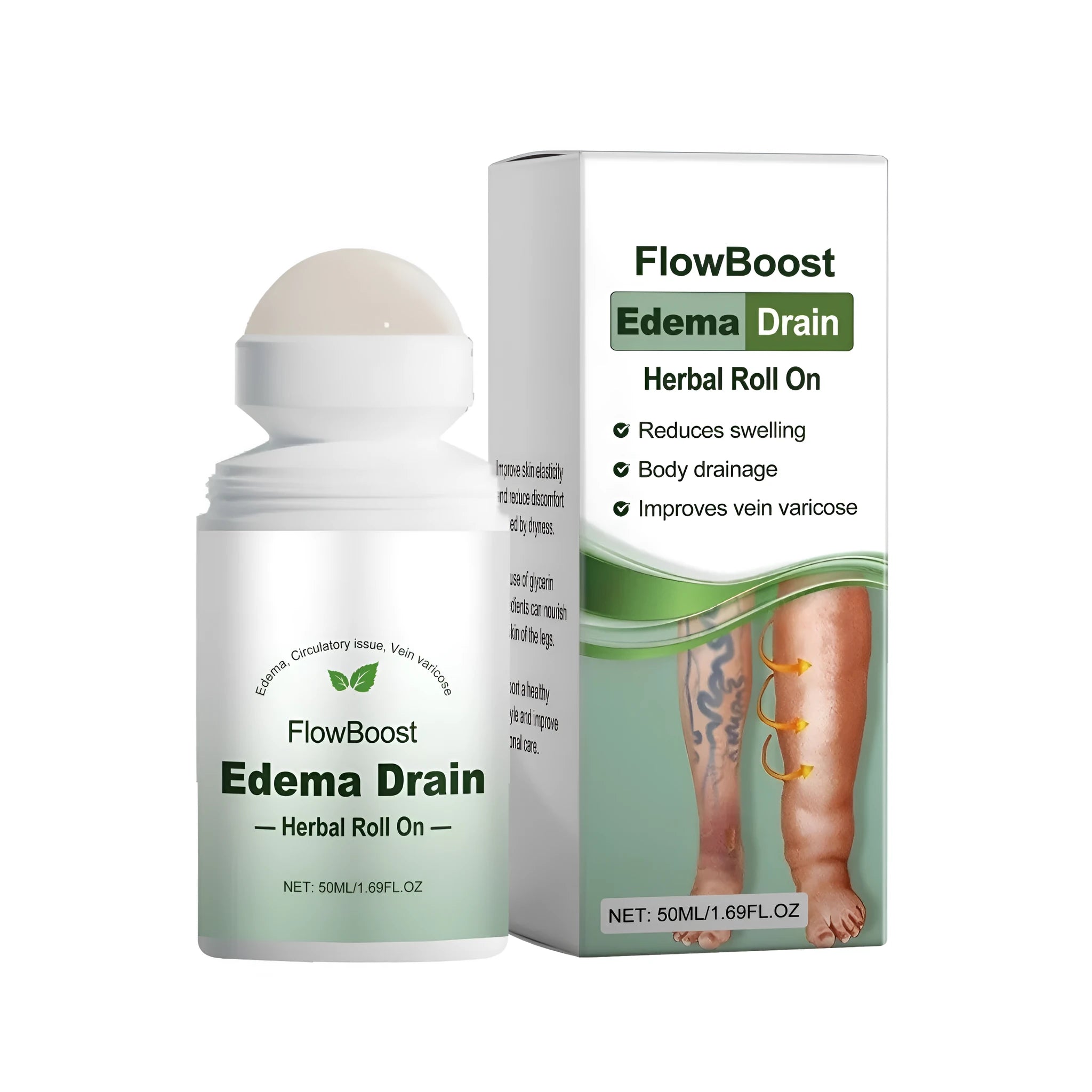 Edema Drain Herbal Roll On 50ml bottle with rollerball applicator on a white background