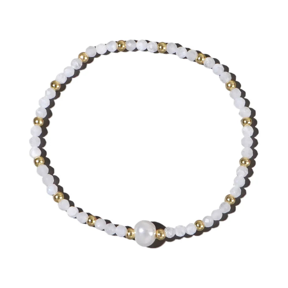 A geometric natural stone bracelet with an ellipse detail, shown in one of fifteen available colour options.