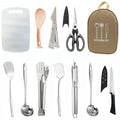 Multi-functional portable picnic kitchenware storage bag containing 12-piece stainless steel utensil set