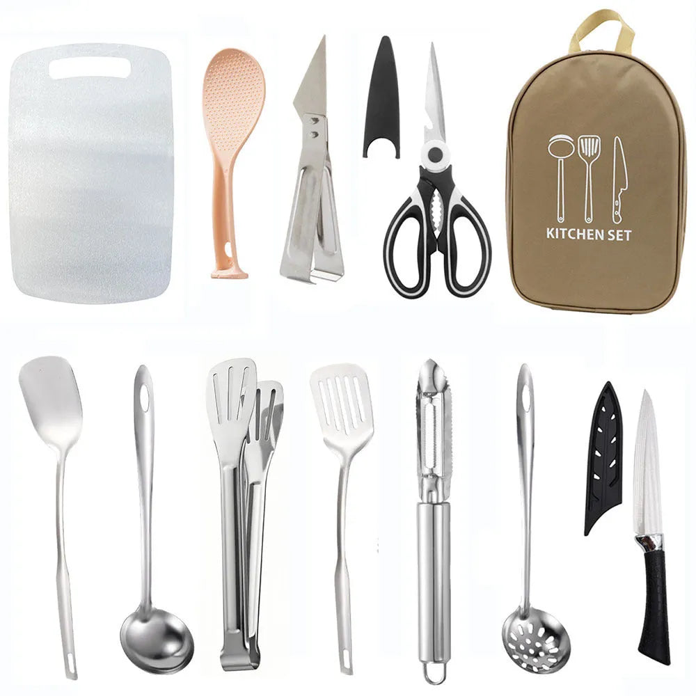 Multi-functional portable picnic kitchenware storage bag containing 12-piece stainless steel utensil set
