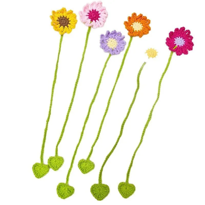 Hand-crocheted wool daisy bookmark with flexible wire core in multiple colour options