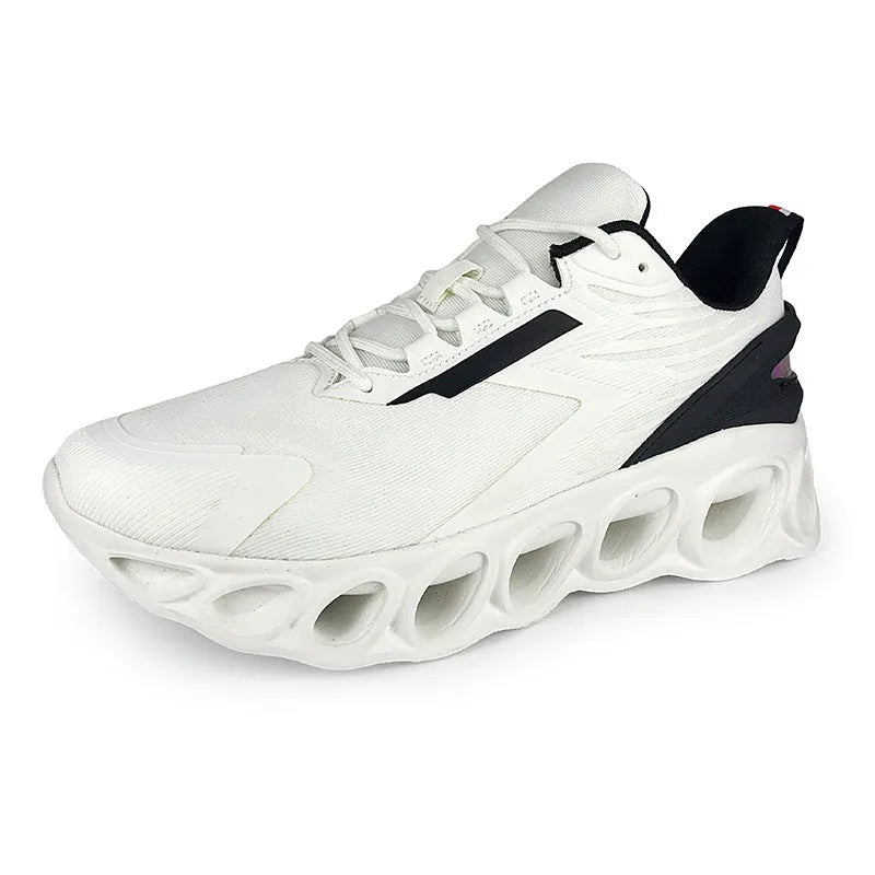 Men's black breathable casual sports shoes with mesh upper, round toe, and flat EVA sole on a white background.