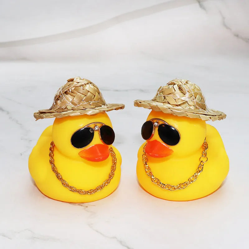 Yellow cartoon duck with straw hat car dashboard ornament with base glue and sunglasses accessory