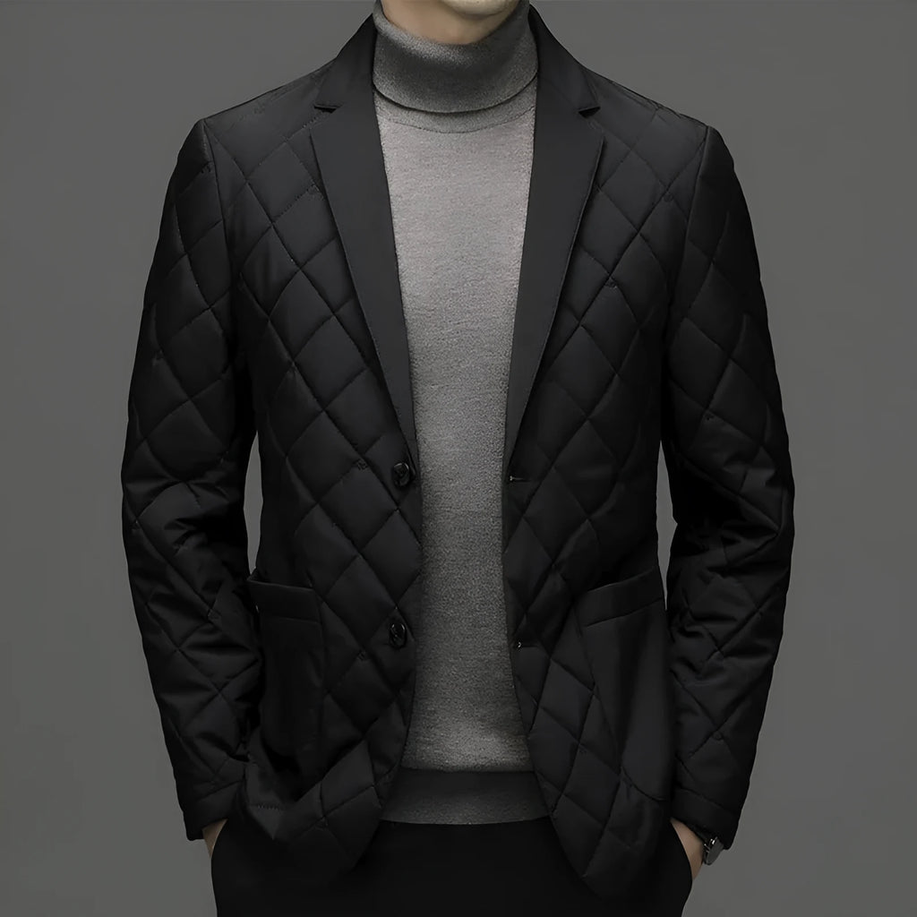 Men's thick winter down jacket with cardigan lapel in solid colour with side seam pockets