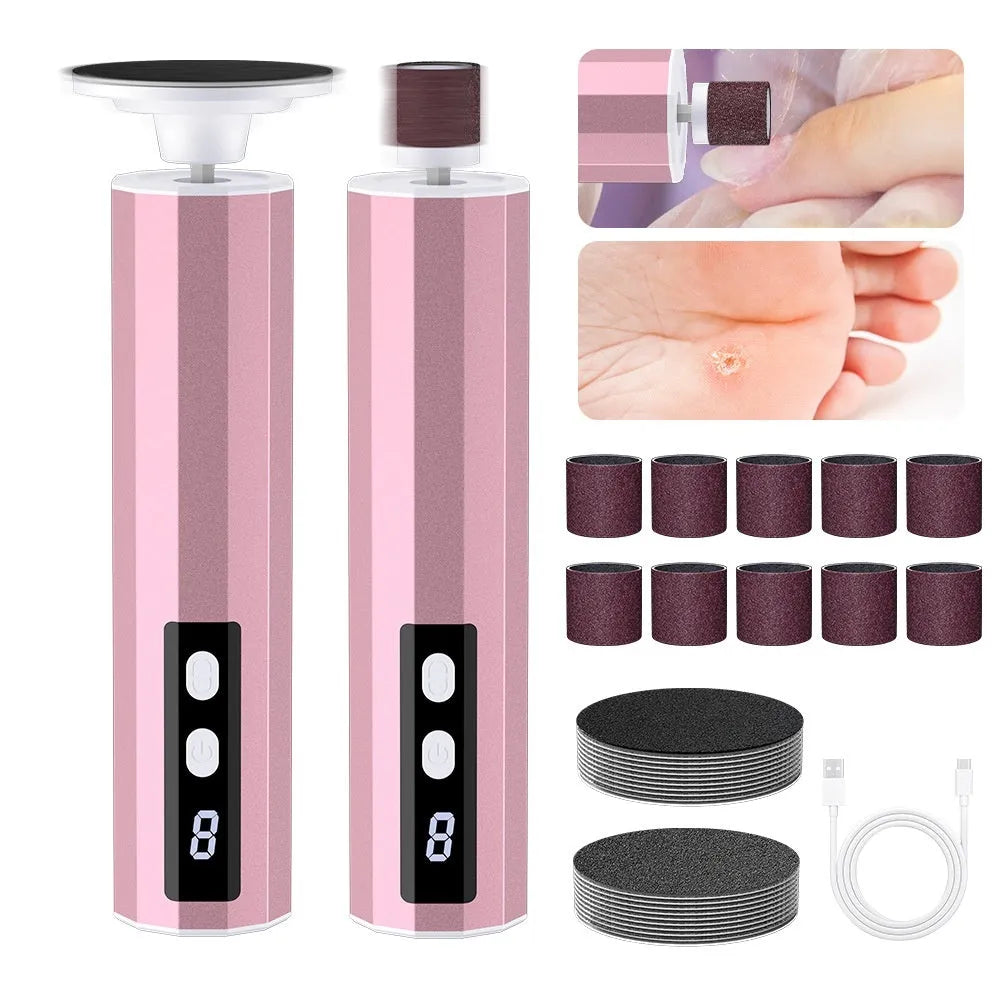 USB-powered electric callus trimmer manicure kit with sandpaper wheels in black, pink, or purple.