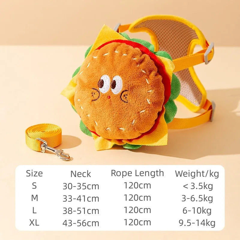 Cartoon hamburger design adjustable vest harness and lead set for pets with escape-proof construction