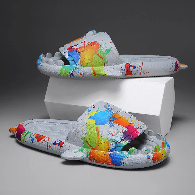 Shark design EVA open toe home slippers for men and women in various colours.
