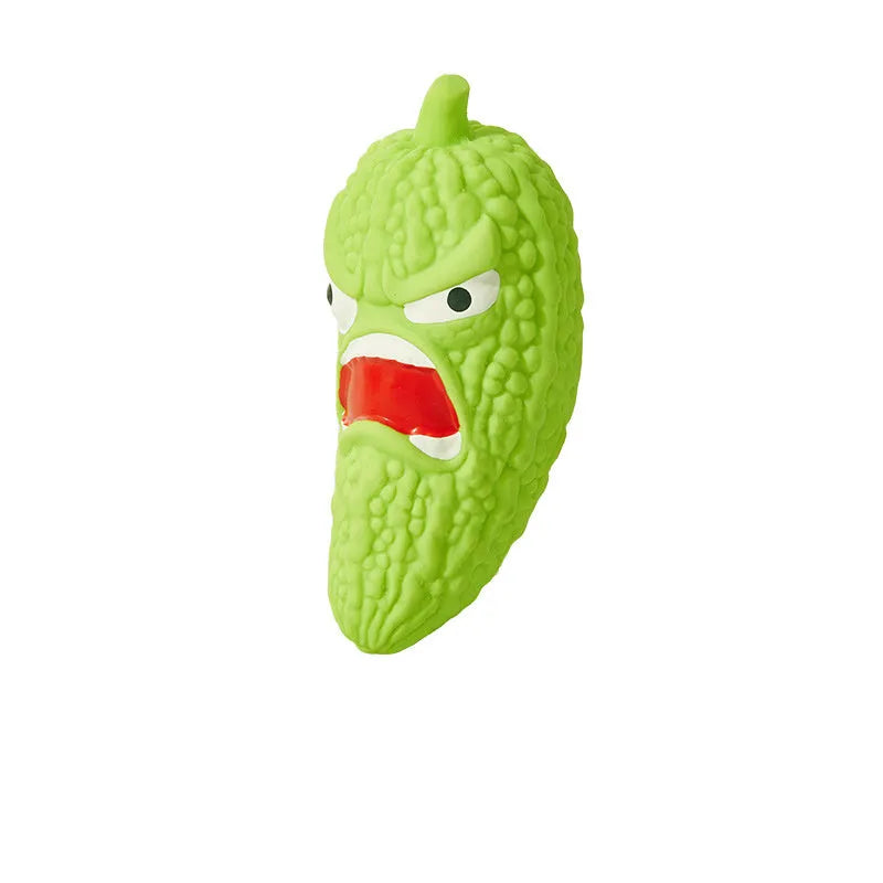 Bitter melon and chili shaped dog chew toys with textured surfaces for teeth grinding