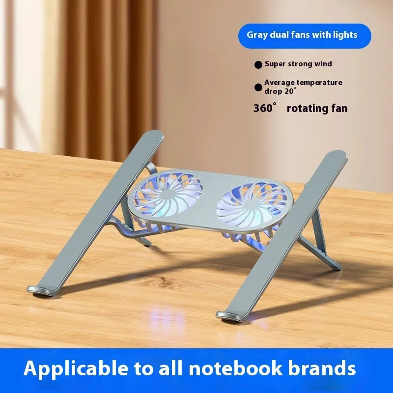Silver aluminium folding laptop stand with twin cooling fans and adjustable height mechanism