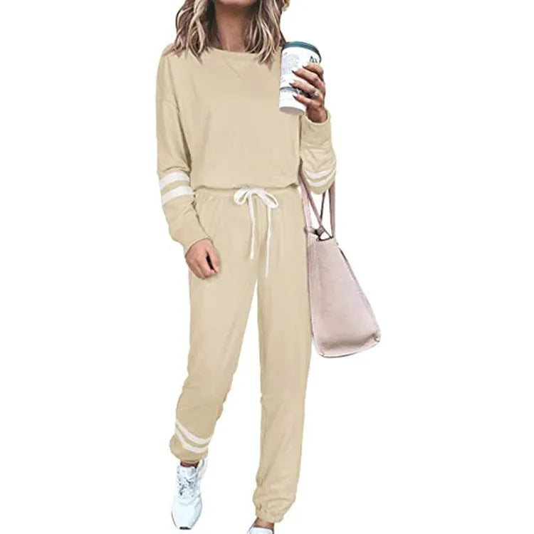 Women's plus size casual suit set with loose-fitting top and trousers in solid colour