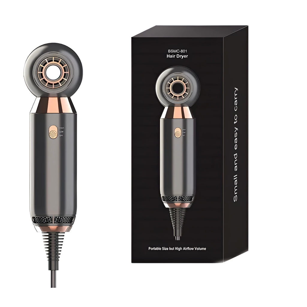 Compact leafless hair dryer with diffuser attachment showing 20cm length and lightweight design