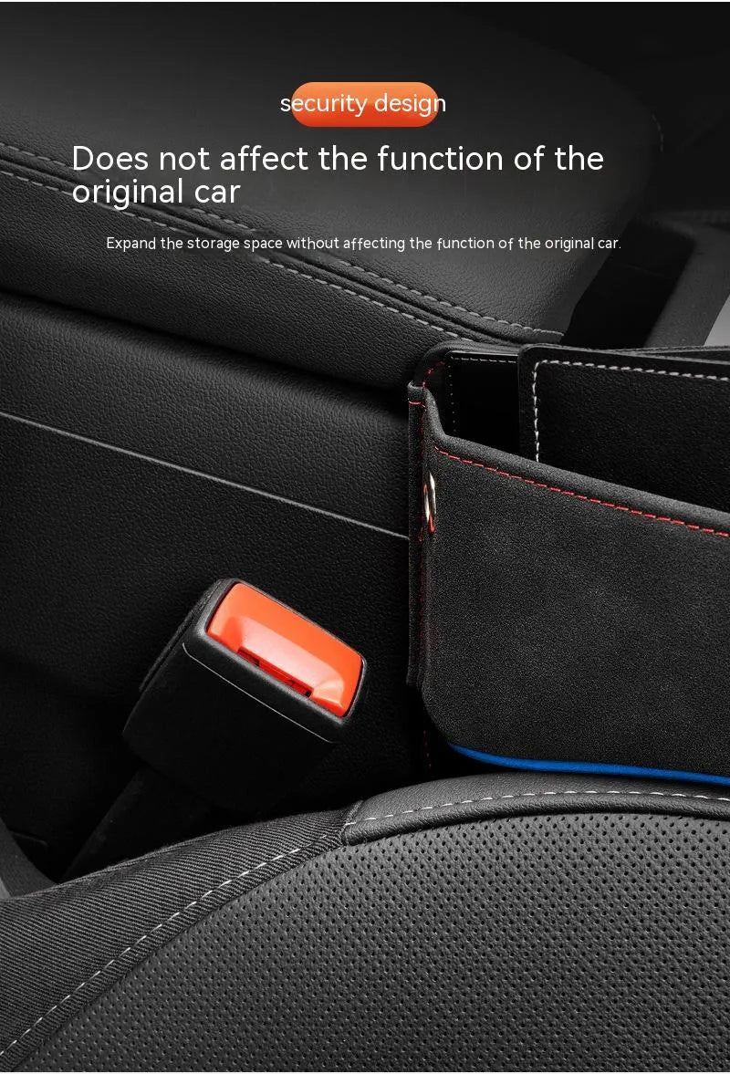 Leather car seat storage organiser box in a choice of five colours, shown on a vehicle seat.