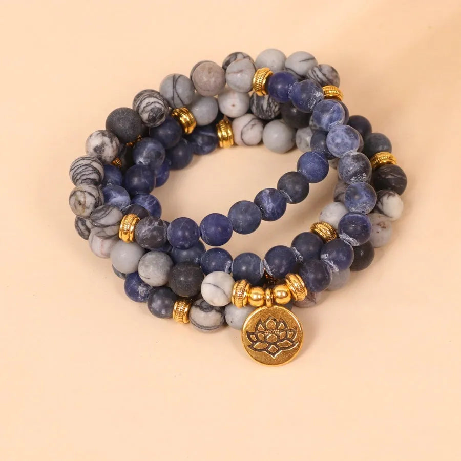 Blue patterned network stone bead multi-layer bracelet with alloy metal chain links