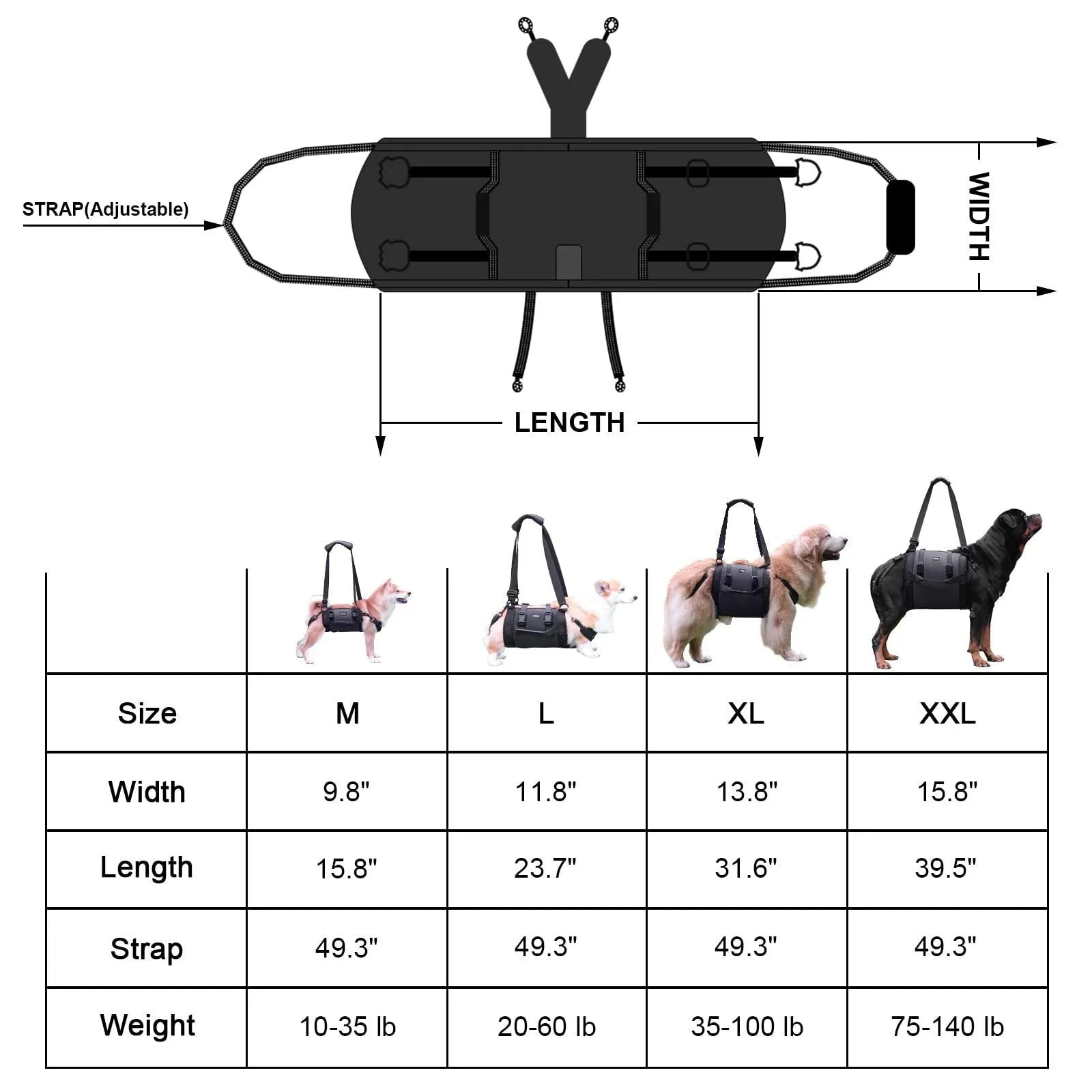 Black Oxford cloth dog harness with breast strap and leg support shown on canine model