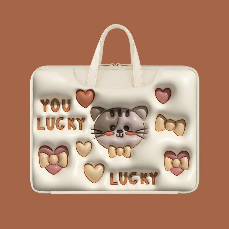 Inflatable PU leather laptop bag in cat beige colour with luggage strap, suitable for 13 to 15.6 inch laptops.