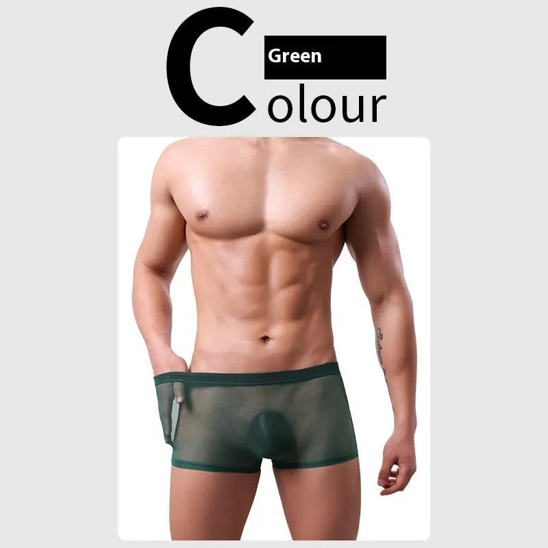 Men's mesh boxer briefs in black, white, green, pink, sapphire blue, and skin colour with low waist design