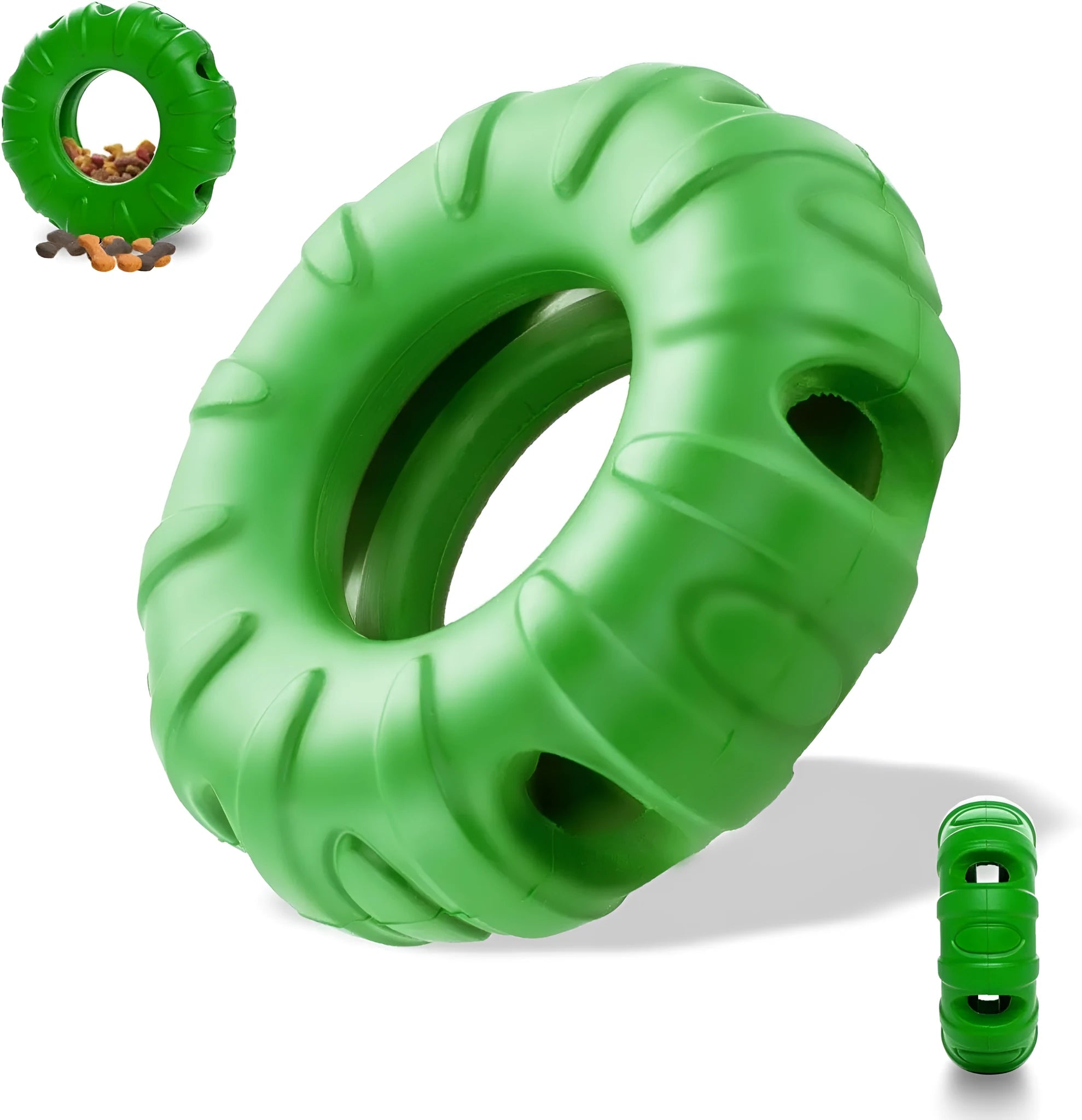 Blue rubber tyre-shaped dog chew toy with oval openings, for medium to large breed dogs.