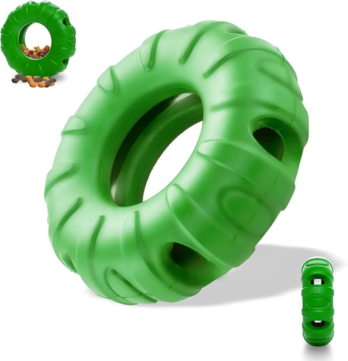 Blue rubber tyre-shaped dog chew toy with oval openings, for medium to large breed dogs.