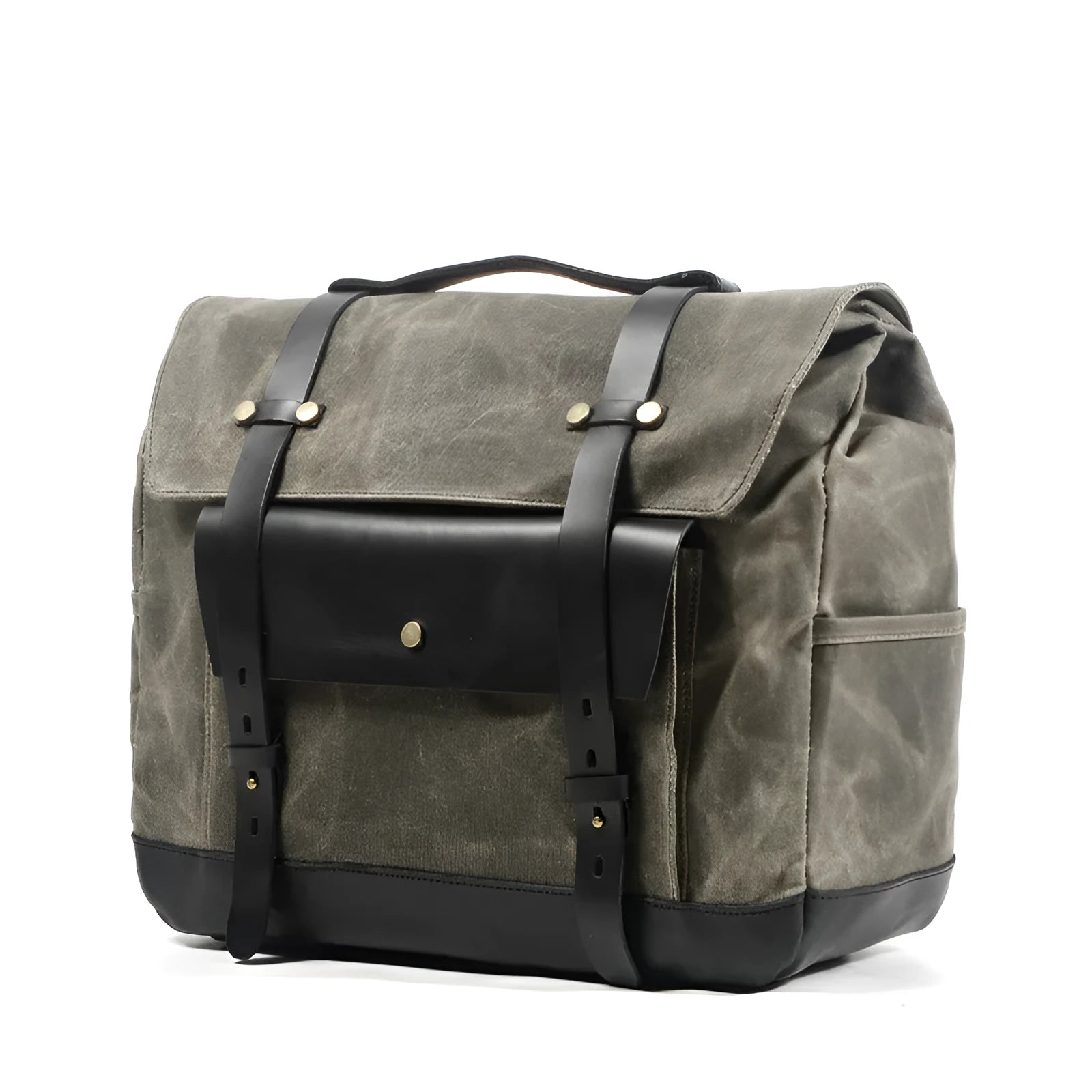 Camel Knight retro cotton messenger bag in army green showing size and internal pockets.