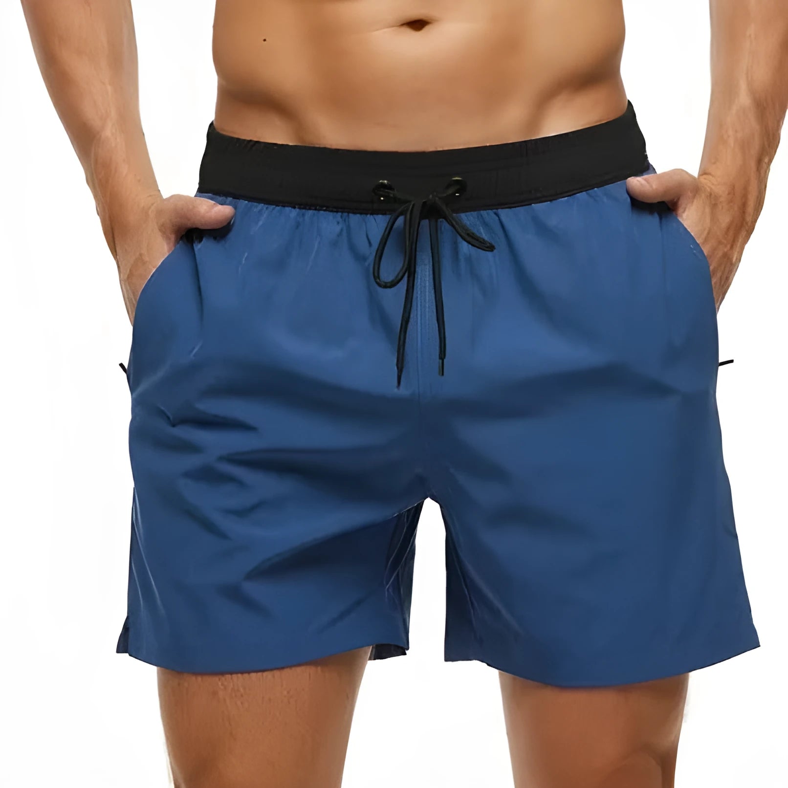 Men's blue running shorts with stitching waistband, zipper pocket, and drawstring for fitness activities