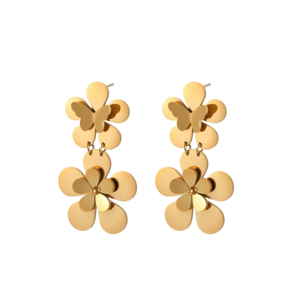 Women's stainless steel earrings with 18K gold electroplated finish featuring floral butterfly and geometric zodiac design