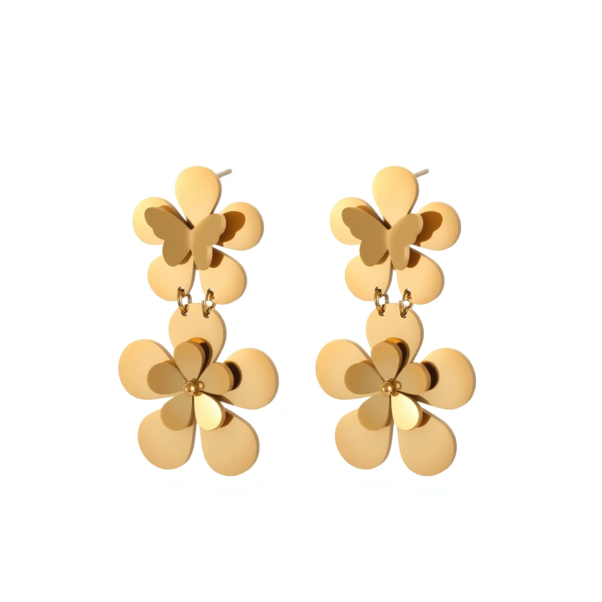 Women's stainless steel earrings with 18K gold electroplated finish featuring floral butterfly and geometric zodiac design