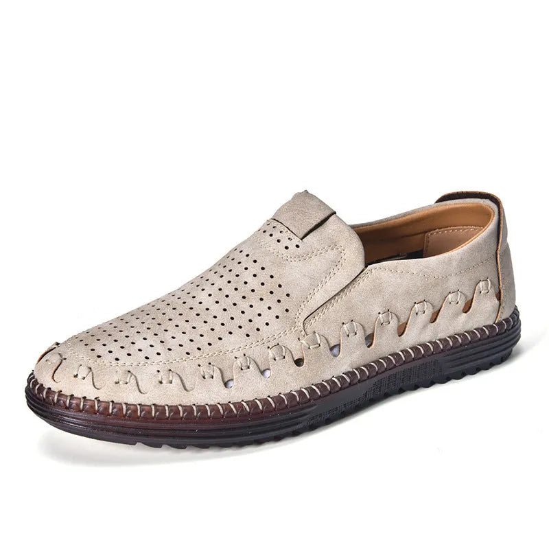 Men's brown slip-on casual shoes with artificial PU upper and visible sewing construction around PVC sole