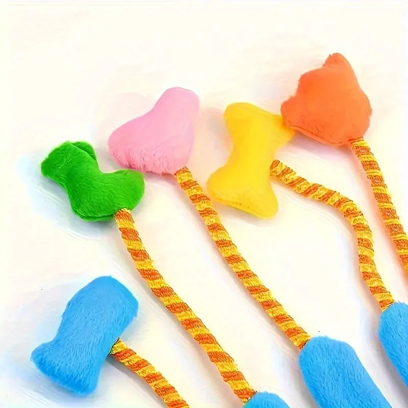 Yellow and blue plush cat toy with integrated bell measuring 40cm by 11cm