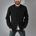 Cotton denim cardigan coat in regular fit on a hanger, shown in khaki colour with button front.