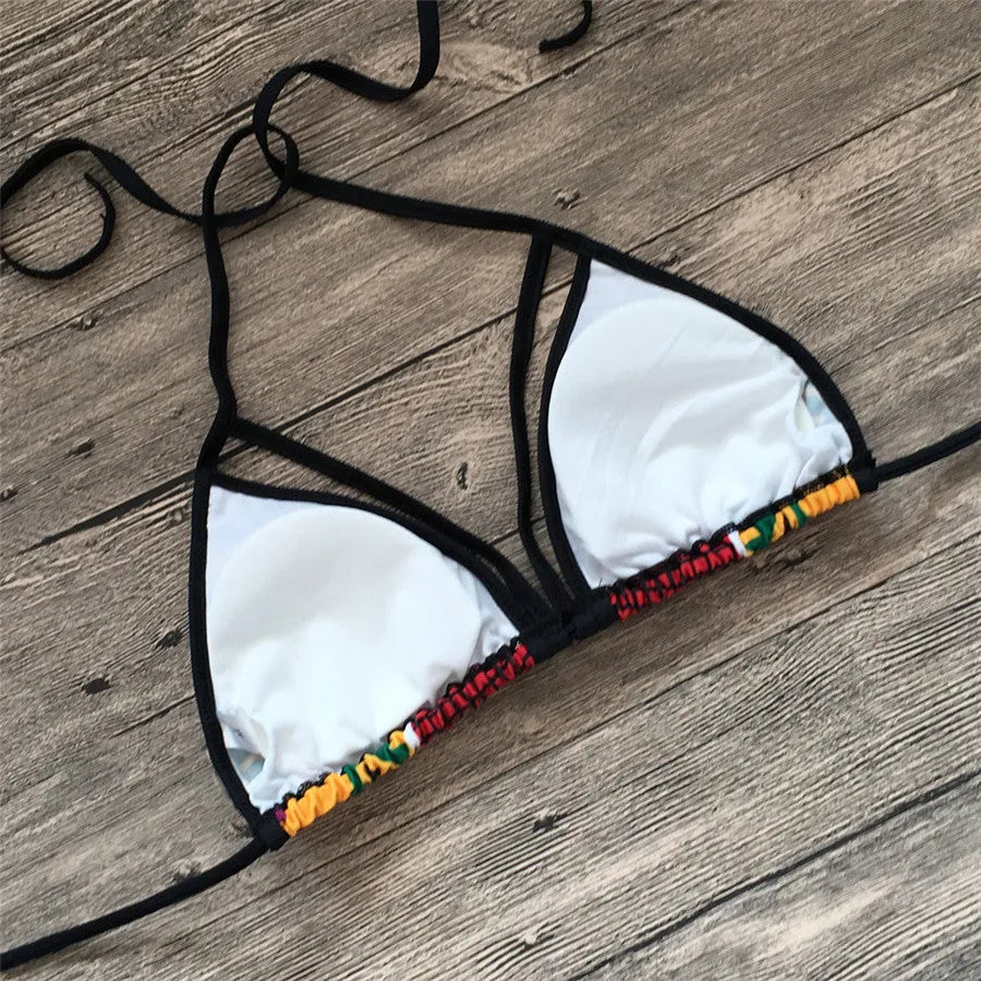 Women's high-waist digital print bikini set with backless design and quick-drying polyester fabric