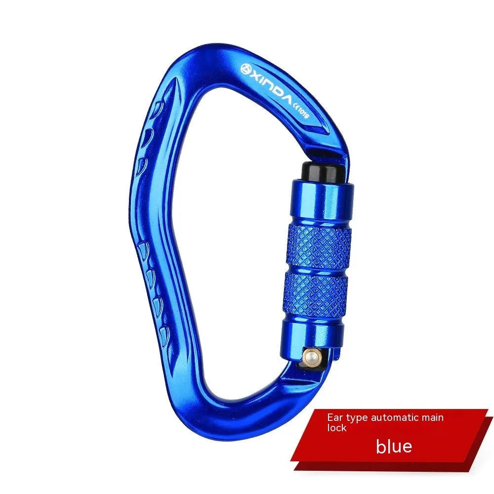 Automatic lock climbing carabiner in black, blue, orange, red, and silver colours for outdoor equipment