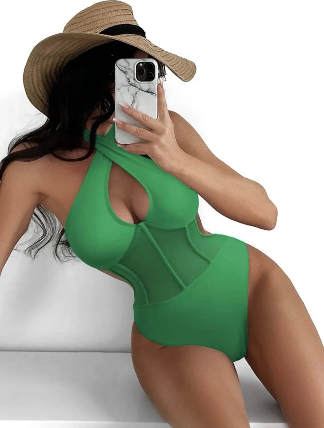 Women's black one-piece swimsuit bikini made from nylon and spandex fabric on a mannequin