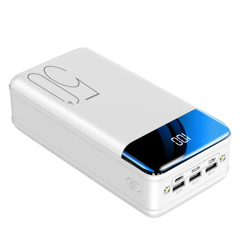Large capacity 50000mAh power bank with three output ports and three input ports in black or white plastic case