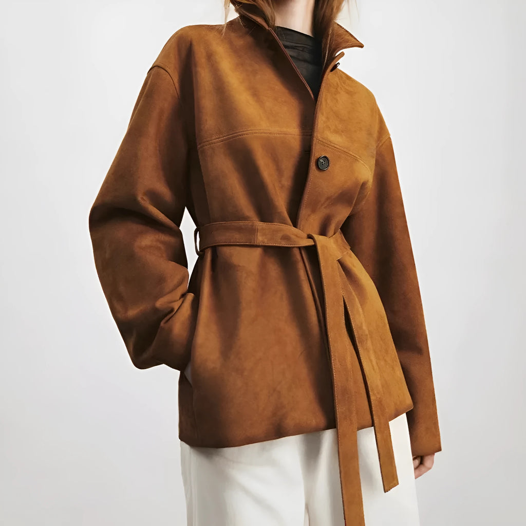 Women's retro cashmere coat with leather stitching and Peter Pan collar in mid-length loose design