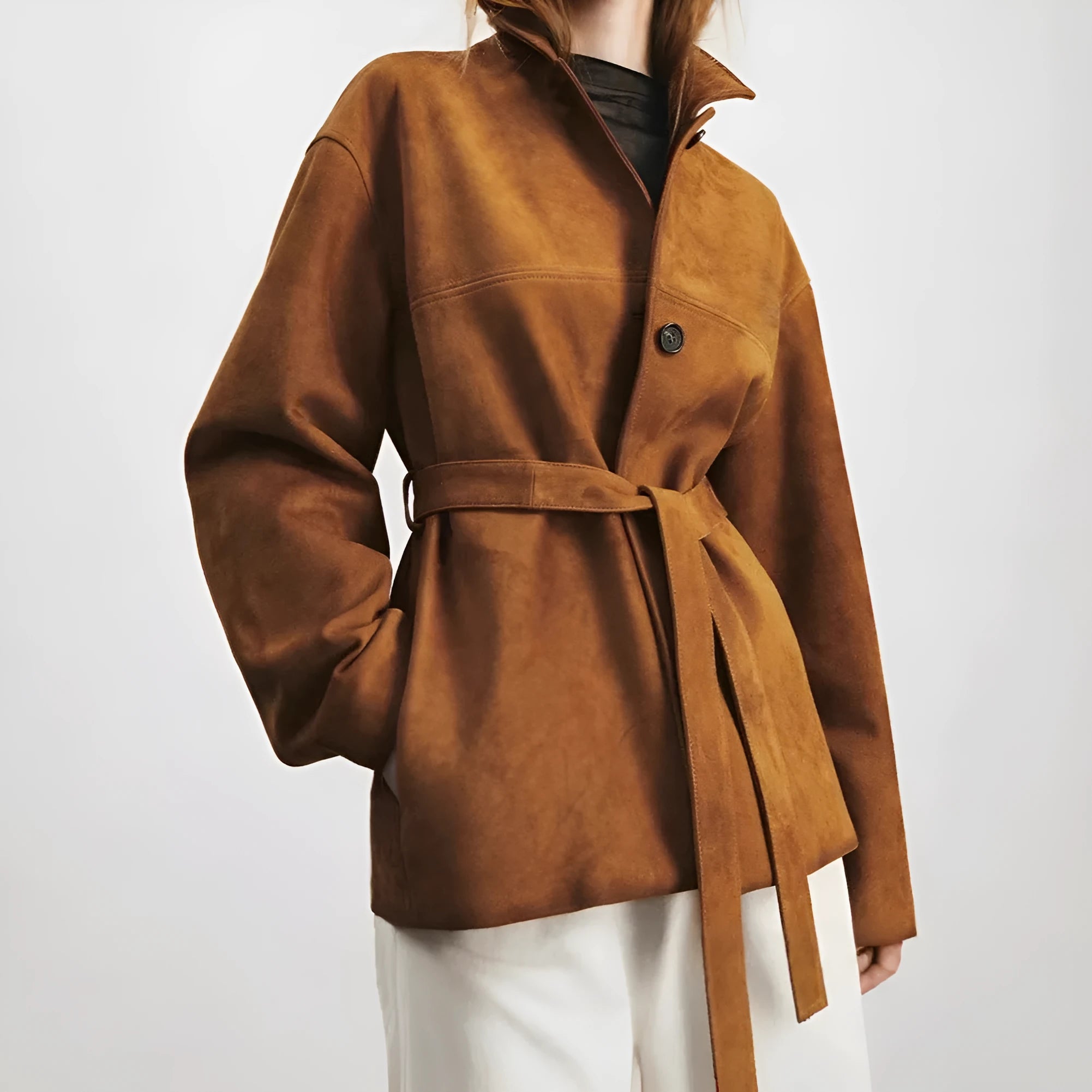 Women's retro cashmere coat with leather stitching and Peter Pan collar in mid-length loose design